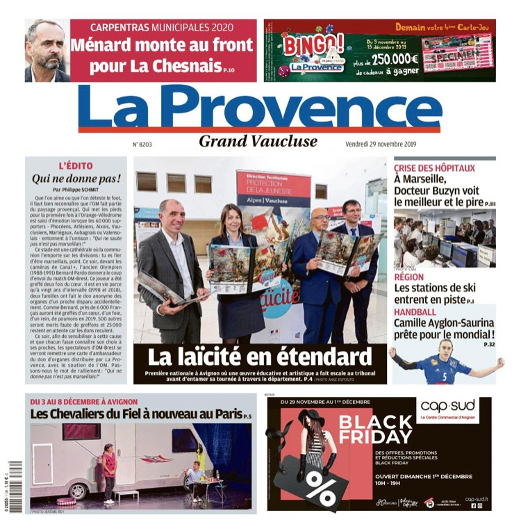 La Provence Vaucluse fait sa UNE sur le Livre géant Laïcité Vaucluse